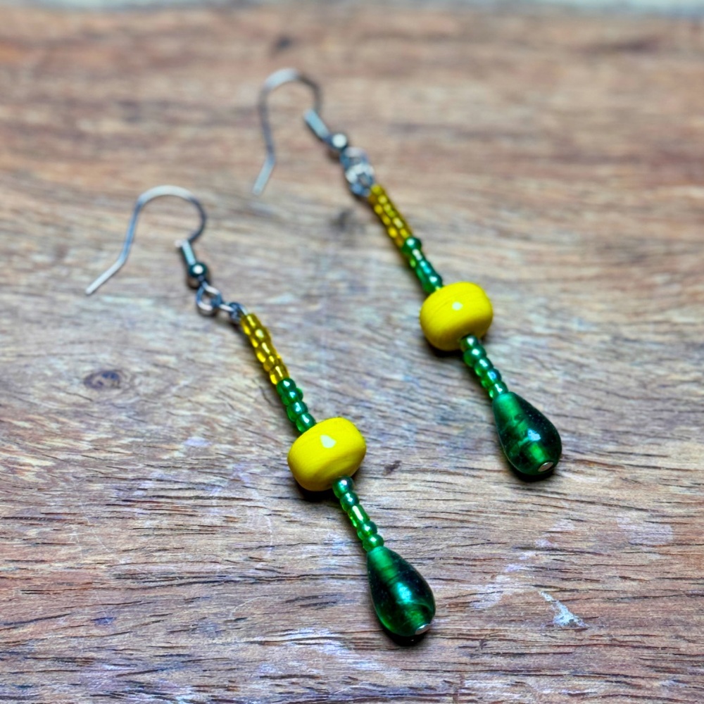 Vibrant Green and Yellow Beaded Earrings